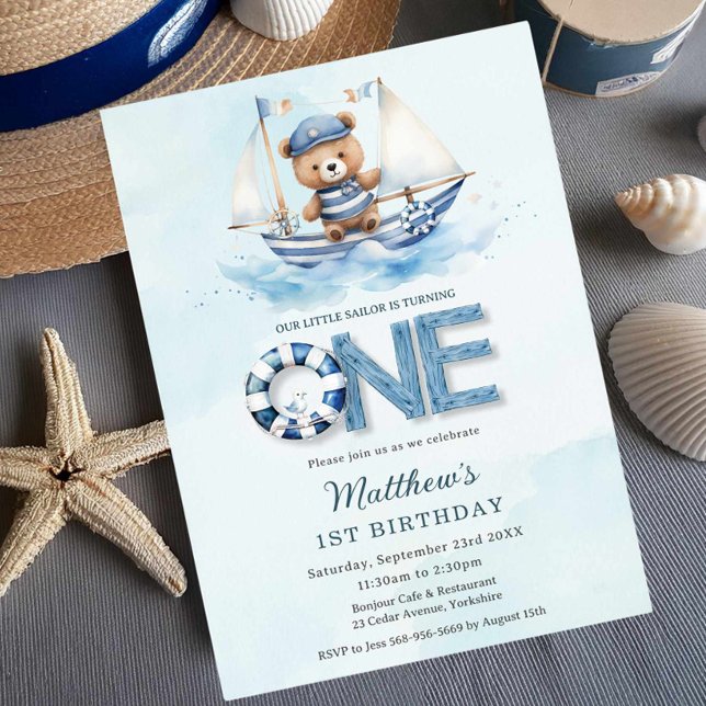 Invitación Cute Nautical Blue Boat Teddy Bear 1er cumpleaños (Subido por el creador)