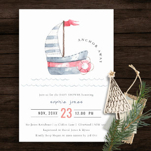 Invitación Cute Nautical Pastel Red Blue Sailboat Baby Shower