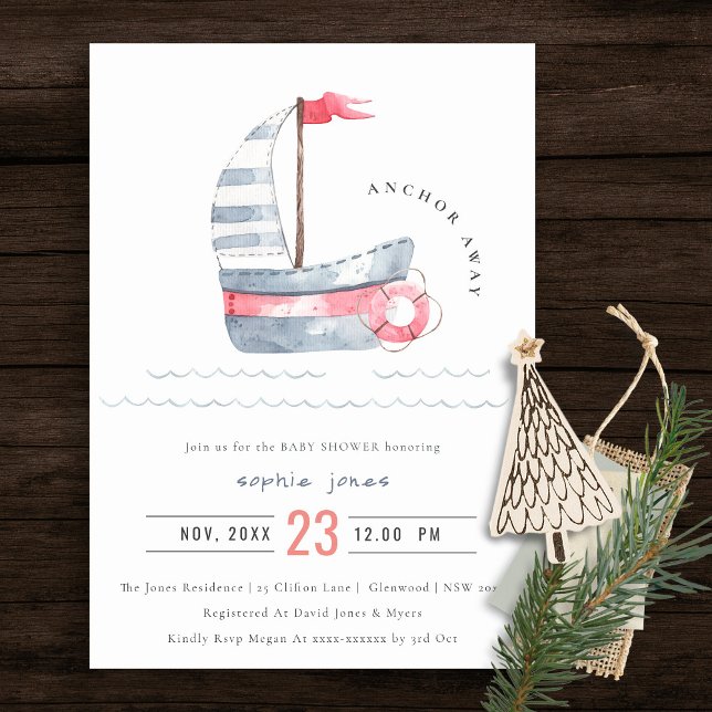 Invitación Cute Nautical Pastel Red Blue Sailboat Baby Shower (Subido por el creador)