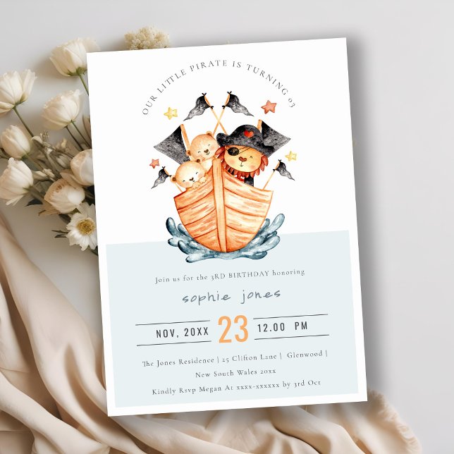 Invitación Cute Nautical Pirate Barco de León Niños Cubo Cump (Subido por el creador)