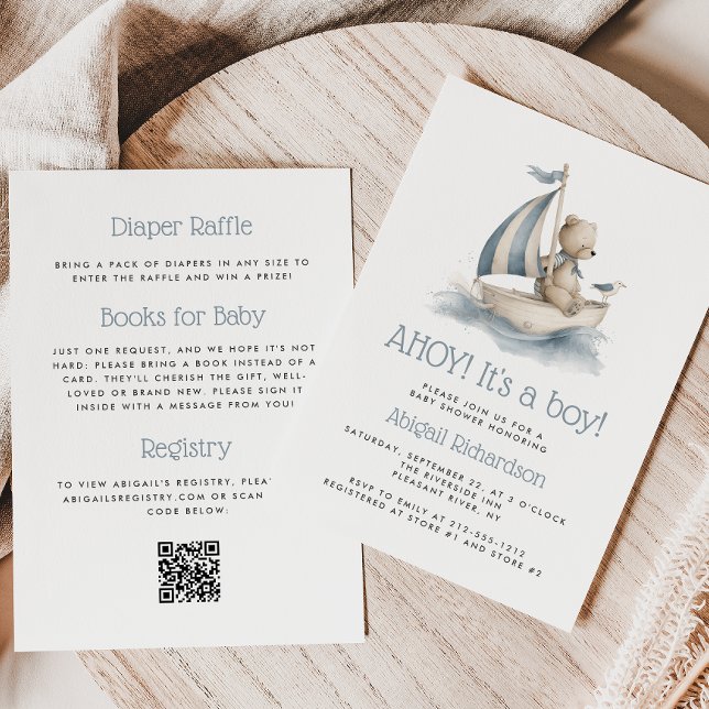Invitación Cute Nautical Teddy Bear QR Code Boy Baby Shower (Subido por el creador)