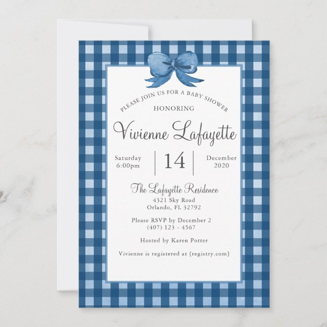 Invitación Cute Navy Blue Gingham con Bow Baby Shower (Anverso)