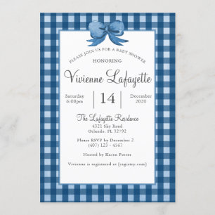 Invitación Cute Navy Blue Gingham con Bow Baby Shower