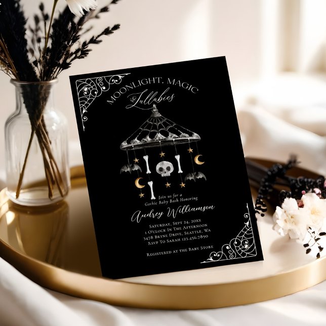 Invitación Cute negro Gótico de cosecha portátil Spooky Baby  (Cute Black Vintage Goth Mobile Spooky Baby Shower Invitation)