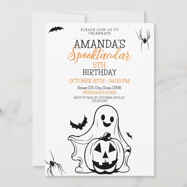 Invitación Cute negro y blanco fantasmagórico calabaza cumple (Anverso)