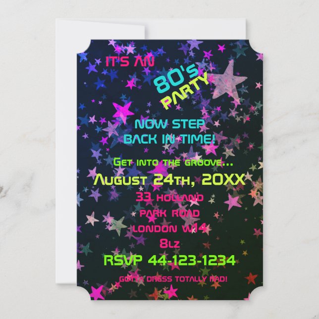 Invitación Cute Neon 80's Theme Party Invites (Anverso)