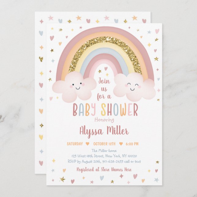 Invitación Cute Neutral Boho Rainbow Clouds Baby Shower (Anverso / Reverso)
