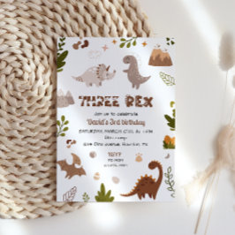 Invitación Cute Neutral Tres Rex Dinosaurio Cumpleaños