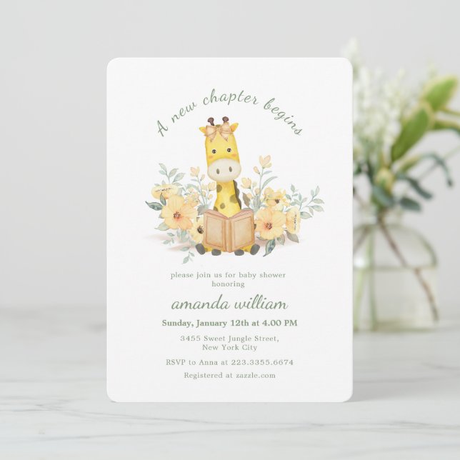 Invitación Cute New Chapter Begins Garden Giraffe Baby Shower (Anverso de pie)