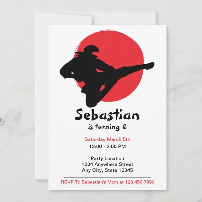 Invitación Cute Ninja, Día De Aniversario Rojo Y Negro (Anverso)