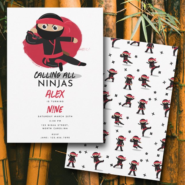 Invitación Cute Ninja Guerrero Niños Fiesta de Cumpleaños Neg (Cute Ninja Warrior Kids Black & Red Birthday Party Invitation)