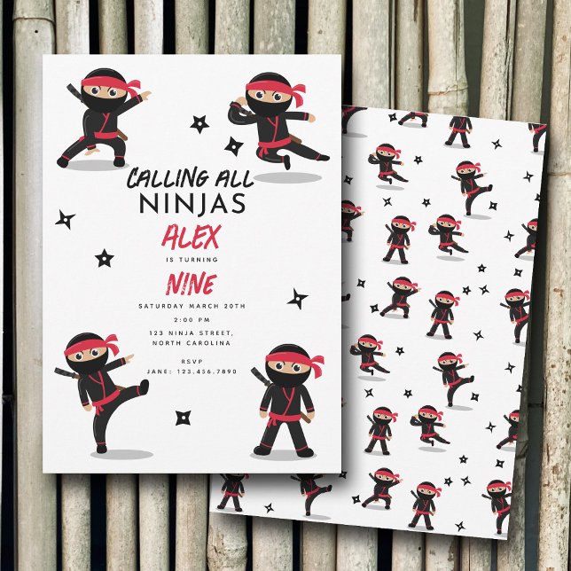 Invitación Cute Ninja Guerrero Niños Fiesta de Cumpleaños Neg (Cute Ninja Warrior Kids Black & Red Birthday Party Invitation)