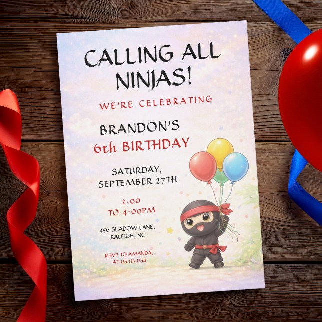 Invitación Cute Ninja Sosteniendo Globos Coloridos Cumpleaños (Subido por el creador)
