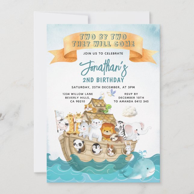 Invitación Cute Noah's Ark 2nd Birthday Two By Two Adventure (Anverso)