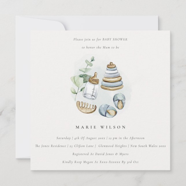 Invitación Cute Nursery Essential Leafy Blue Boy Baby Shower (Anverso)