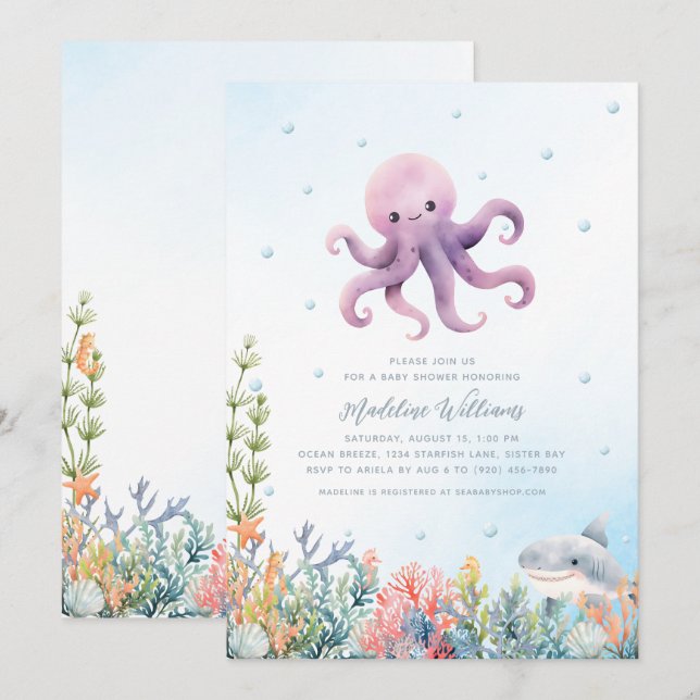 Invitación Cute Octopus Baby Shower (Anverso / Reverso)