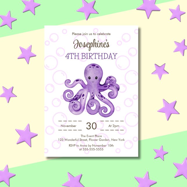 Invitación Cute Octopus Purple Bubble Kids Cumpleaños (Subido por el creador)