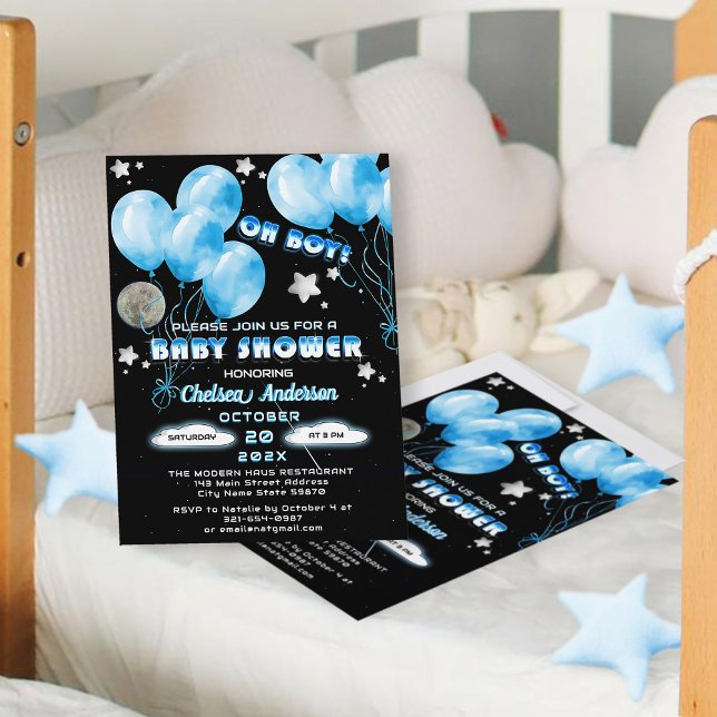 Invitación Cute Oh Boy Blue Balloons Night Stars Baby Shower (Subido por el creador)