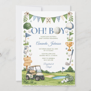 Invitación Cute Oh Boy Carrito de Golf Baby Shower Blue Gingh
