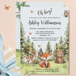 Invitación Cute Oh Boy Woodland Animales Greenery Baby Shower