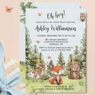 Invitación Cute Oh Boy Woodland Animales Greenery Baby Shower