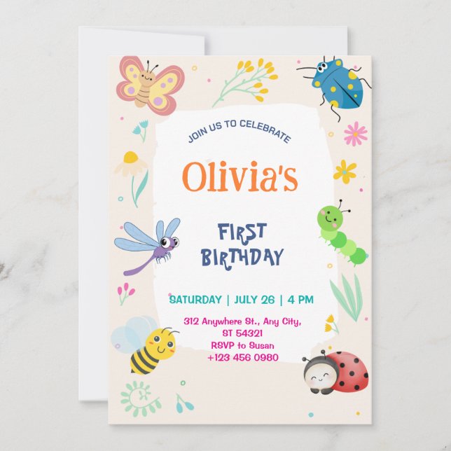 Invitación Cute One Bug & Butterflies 1st Birthday Invitation (Anverso)