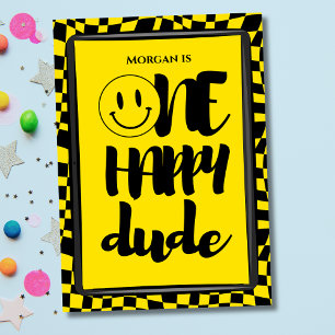 Invitación Cute One Happy Dude Checkered Boys Primer Cumpleañ