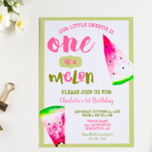 Invitación Cute One in a Melon Cumpleaños 1st Rosa Verde