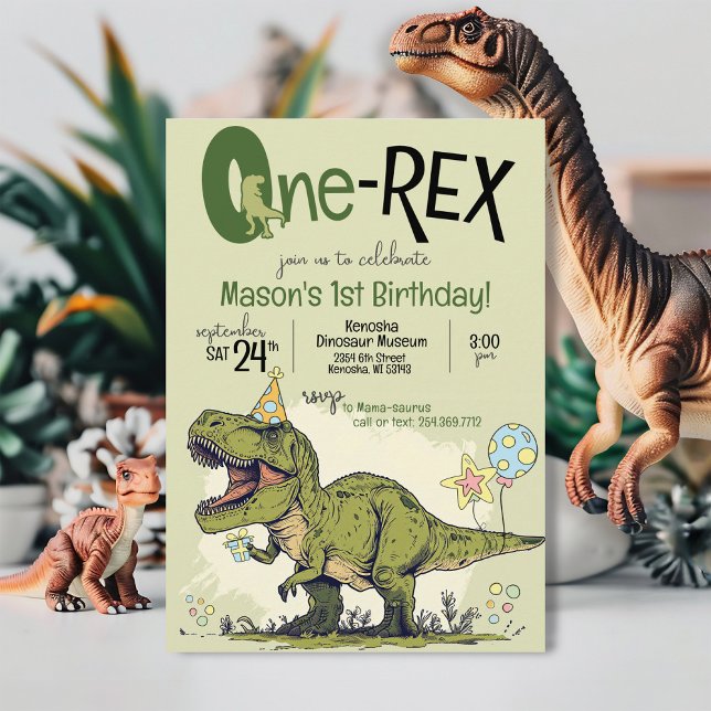 Invitación Cute One-Rex Dinosaur Cartoon 1st Birthday Party (Cute modern cartoon T-Rex Dinosaur One-Rex, boy 1st birthday party printable invitation, green TRex)