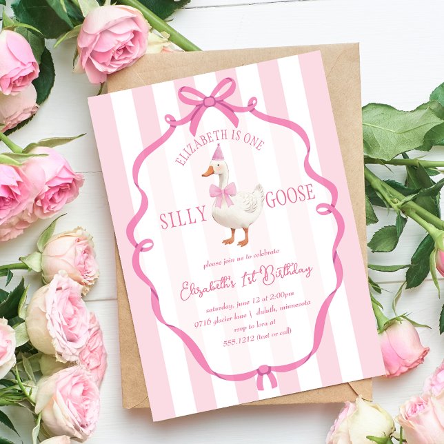 Invitación Cute One Silly Goose Pink Bow Primer Cumpleaños (Cute One Silly Goose Pink Bow First Birthday Invitation)