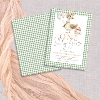 Invitación Cute one Silly Goose Sage Gingham Primer Cumpleaño