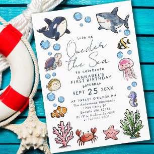 Invitación Cute Oneder the Sea Ocean Kids First Birday