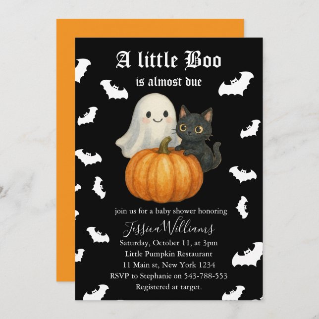 Invitación Cute Orange Pumpkin Cat Bats Halloween Baby Shower (Anverso / Reverso)