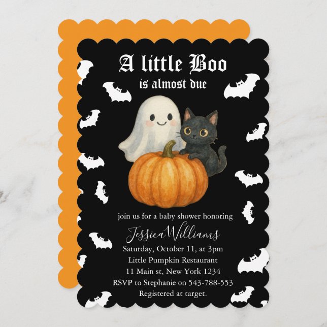 Invitación Cute Orange Pumpkin Cat Bats Halloween Baby Shower (Anverso / Reverso)
