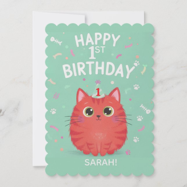 Invitación Cute Orange Tabby Cat 1st Birthday | Customizable  (Anverso)