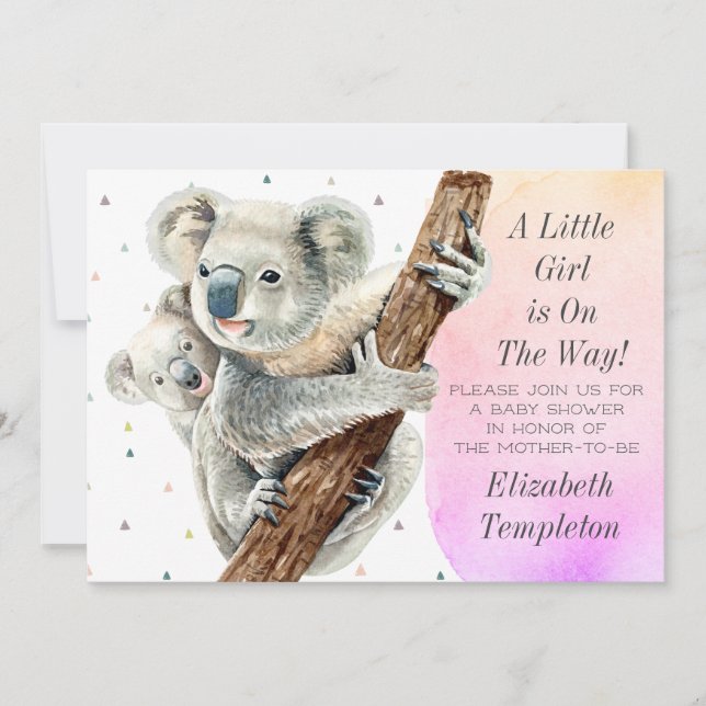 Invitación Cute Oso Koala Es un Baby Shower rosado Chica (Anverso)