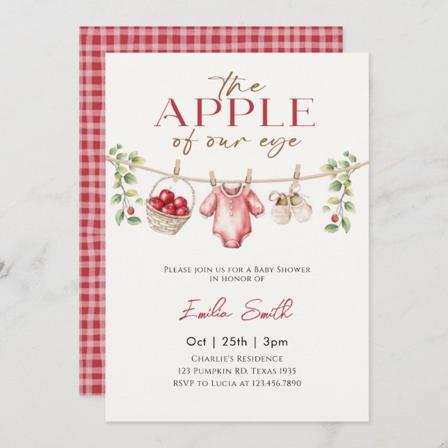 Invitación Cute otoño Apple Baby Clothesline Bebé ducha (Anverso / Reverso)