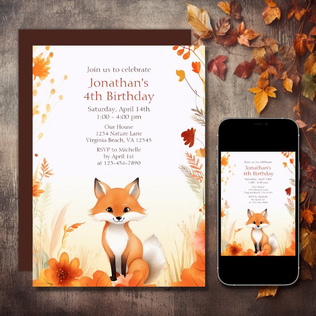 Invitación Cute Otoño Woodland Fox Fall Cumpleaños (Printed and Digital - Cute Autumn Woodland Fox Fall Birthday Invitation)