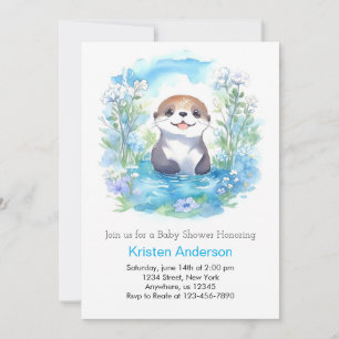 Invitación Cute Otter Blue Floral Boy Baby Shower
