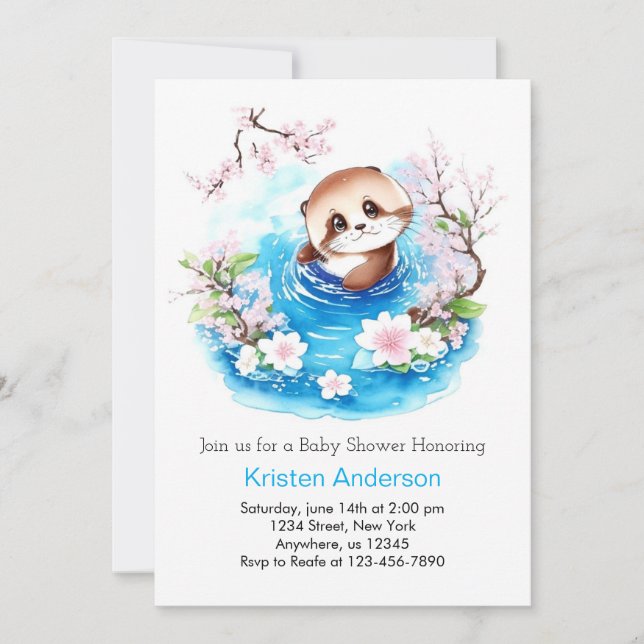Invitación Cute Otter Encantado Blue Floral Boy Baby Shower (Anverso)