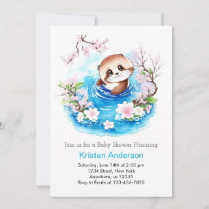 Invitación Cute Otter Encantado Blue Floral Boy Baby Shower