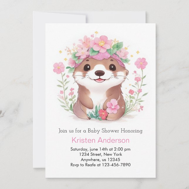Invitación Cute Otter Wonderland Chica rosa Baby Shower (Anverso)