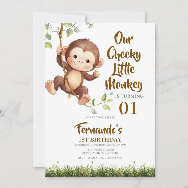Invitación Cute Our Cheeky Little Monkey Safari 1st Birthday  (Anverso)