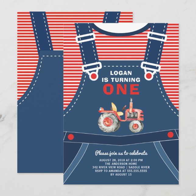 Invitación Cute Overalls Farm Tractor Boys Invitatia de cumpl (Anverso / Reverso)