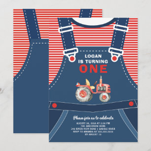 Invitación Cute Overalls Farm Tractor Boys Invitatia de cumpl