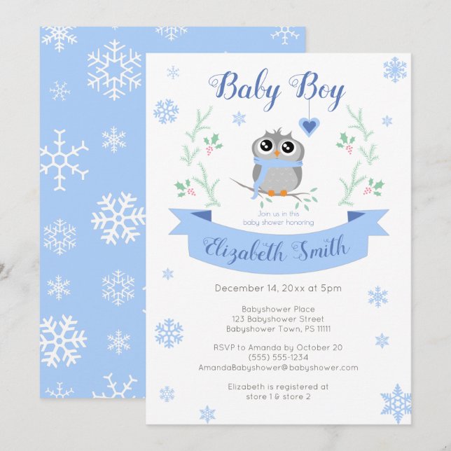 Invitación Cute owl baby boy winter babyshower (Anverso / Reverso)