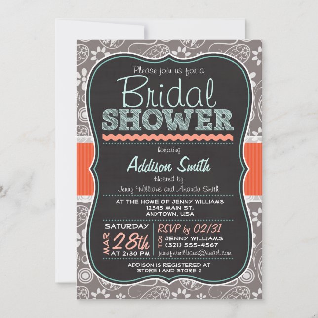 Invitación Cute Paisley Chalkboard look Bridal Shower (Anverso)