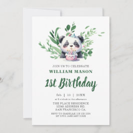 Invitación Cute Panda Acuarela Verde Cumpleaños 1