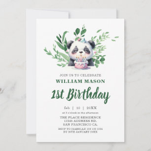 Invitación Cute Panda Acuarela Verde Cumpleaños 1