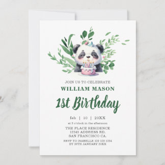 Invitación Cute Panda Acuarela Verde Cumpleaños 1